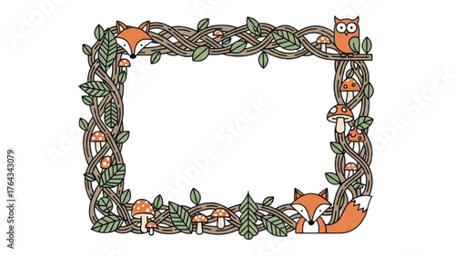 Whimsical Woodland Frame with Cartoon Foxes, Owls, and Mushrooms - Nature's Decorative Border