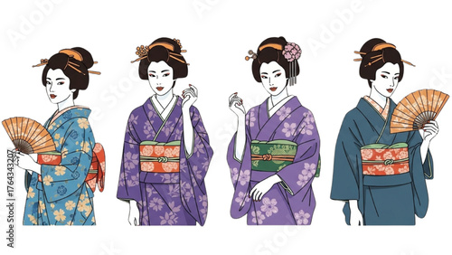 An elegant illustration set of four Japanese women in traditional colorful kimonos