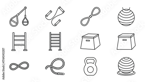 Essential Fitness Tools: An array of crucial fitness tools, each meticulously depicted, stands ready to assist in sculpting the body and nurturing well-being, from yoga balls to kettlebells.