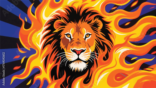 Lion With Burning Flames Illustrator Artwork Banner Background Design Template 