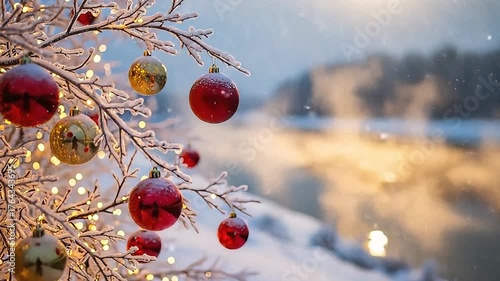 close up of pine branches with Christmas decorations and bokeh lake background. 4k UHD quality.