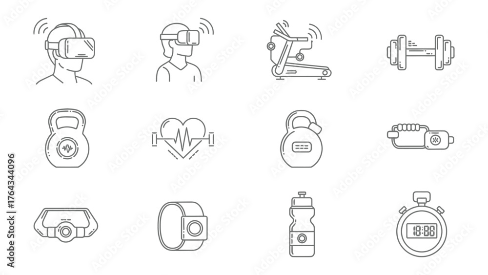 Fototapeta premium Fitness Icon Set: A collection of meticulously crafted, minimalist icons capturing the essence of modern fitness and well-being. This set showcases various elements crucial for a balanced.
