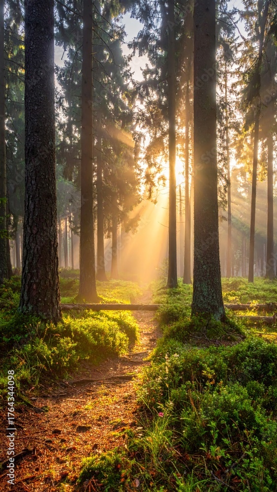 Obraz premium Fog covered forest in summer with mystic golden sunlight