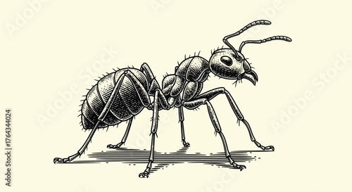 Detailed ant illustration with precise lines for biology textbooks and insect studies resources