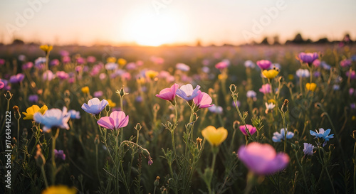 Vibrant wildflower meadow bathed in golden sunset light