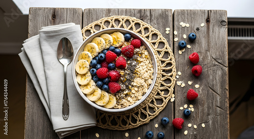 Healthy oatmeal bowl topped with fresh berries and banana slices
