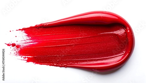 A vibrant, shiny, red smear on a bright white background. A thick texture is visible
