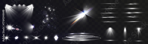 Set of glowing light effects with flares, sparkles, rays and spotlights on transparent background.