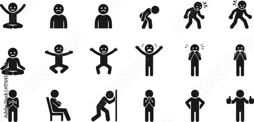 Collection of diverse human pictogram figures representing various emotions and physical states isolated on transparent background