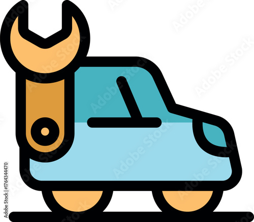Simple icon of a wrench near a light blue car, representing car repair, maintenance, and mechanical services