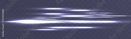 Abstract glowing white light streaks with reflection and blur on transparent background.