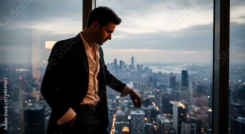 Man in suit gazes out over city skyline from high rise window