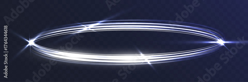 Abstract glowing white light ring with sparkles and reflections on dark background.