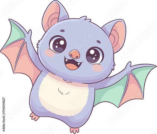 A cute and happy baby bat cartoon character flying with open wings and a cheerful smile.