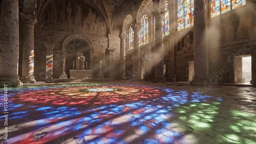 Sunlight streaming through stained glass windows illuminates the ancient stone floor of a historic church interior creating a vibrant display of colorful light patterns and a serene spiritual atmosph.