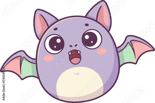 A cute, round, cartoon bat with large eyes and outstretched wings, rendered in a soft purple and pastel color palette.