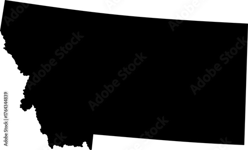 Black silhouette vector map of Montana state boundary, presented as a solid color political template of the Northern Rocky Mountain US state.