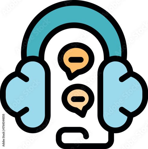 Headphones connected to cloud storage, playing music and displaying chat bubbles, symbolizing online communication and music streaming