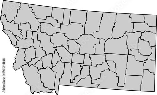 Grey vector political map of Montana state outline with all internal county borders, filled with a solid grey color, presented as a map of the Northern Rocky Mountain US state.
