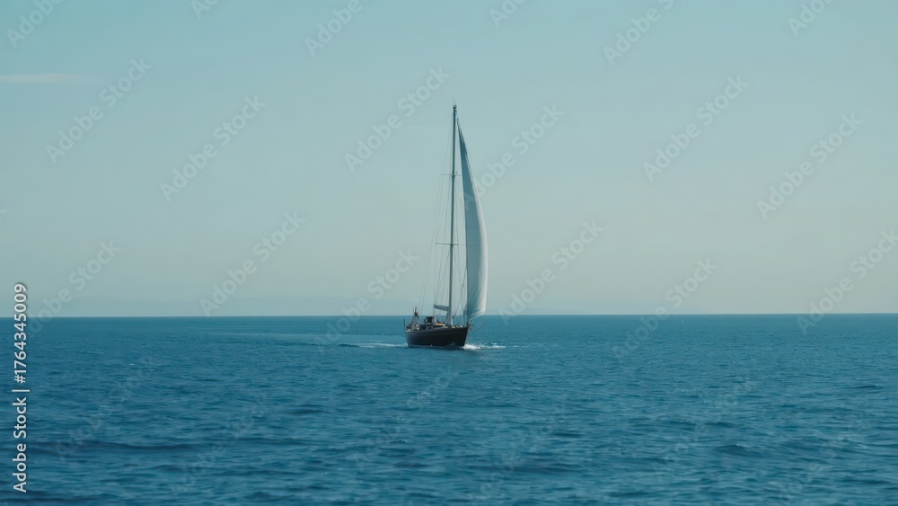 Obraz premium A sailboat sails on the blue sea, contrasting with the clear blue sky, fully showing the freedom of marine sports and the tranquil beauty of natural scenery. 
