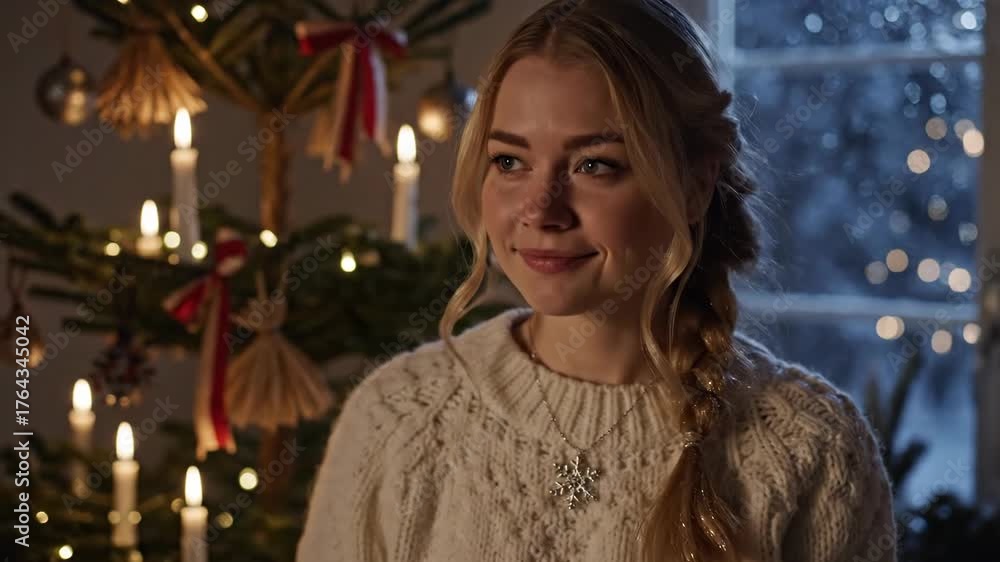 Young scandinavian woman feeling happy smiling expression near christmas tree, festive holiday winter season footage.