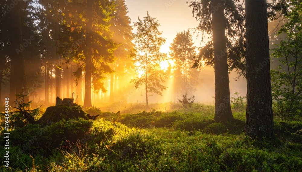 Fototapeta premium Fog covered forest in summer with mystic golden sunlight