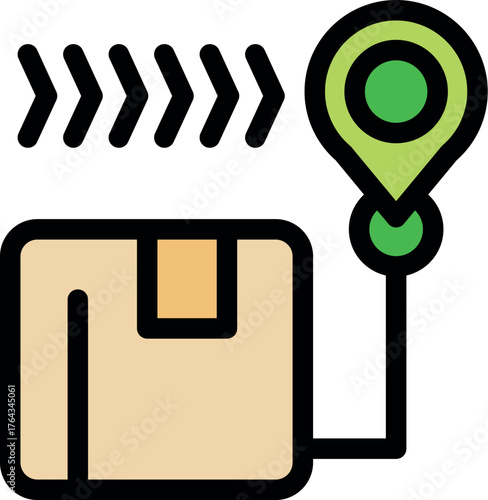 Cardboard box being shipped, with arrows indicating movement and location pin marking its destination