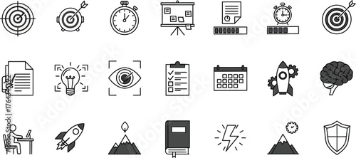 Collection of business and strategy icons representing goals growth ideas and planning isolated on transparent background