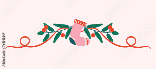 Christmas Stocking with Decorative Leaves and Ribbon Vector