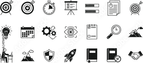Collection of business and strategy icons representing goals planning success and teamwork isolated on transparent background