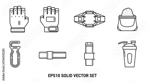 Workout Essentials Vector Set: Illustrative collection of essential workout gear, embodying a clean and simple design aesthetic for fitness enthusiasts. 