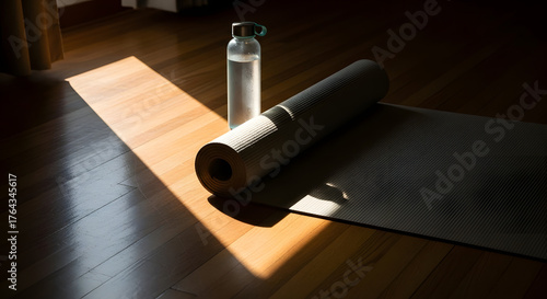 Yoga mat and water bottle bathed in sunlight on wooden floor