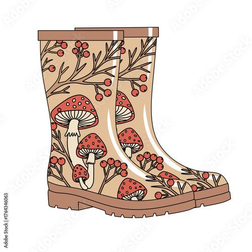 Rain boots with mushroom and berry pattern illustration on black background