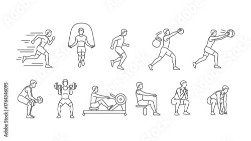 Diverse Workout Routine: A series of dynamic line art illustrations showcases a range of exercises, providing a comprehensive guide to fitness and wellness, from cardio to strength training.