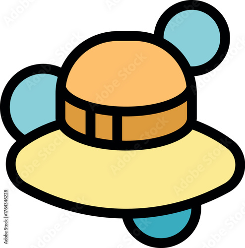 Yellow cartoon spaceship flying through space with blue and orange lights