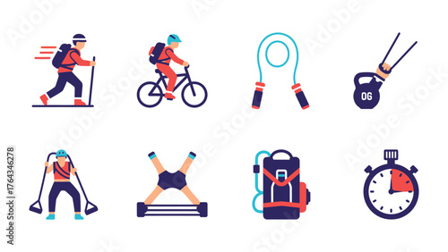 Fitness Icons: A dynamic illustration presenting a collection of fitness icons. Showcasing equipment and activities for comprehensive exercise.