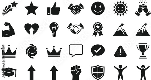 Collection of vector icons representing success achievement goals and victory isolated on transparent background