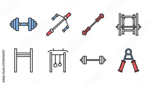 Workout Gear Icon Set: A vibrant collection of essential exercise equipment icons, each symbolizing the strength, and commitment required for a comprehensive workout.