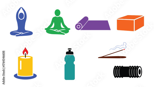 Yoga Essentials Collection: Illustrative assembly showcasing the essential elements of yoga, including a yoga mat, block, candles, water bottle, incense, and foam roller.
