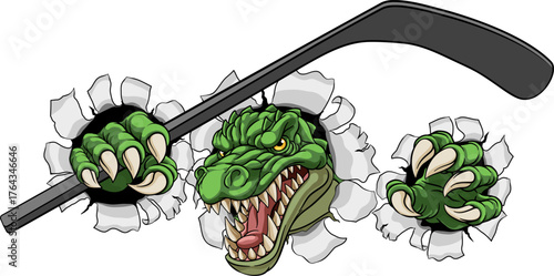 A crocodile, dinosaur or alligator lizard hockey sports mascot