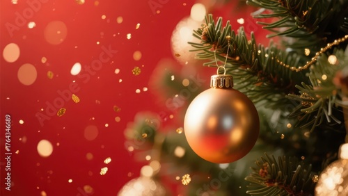 In the Christmas scene, golden Christmas ball decorations are matched with a red background, creating a festive and warm holiday atmosphere.
