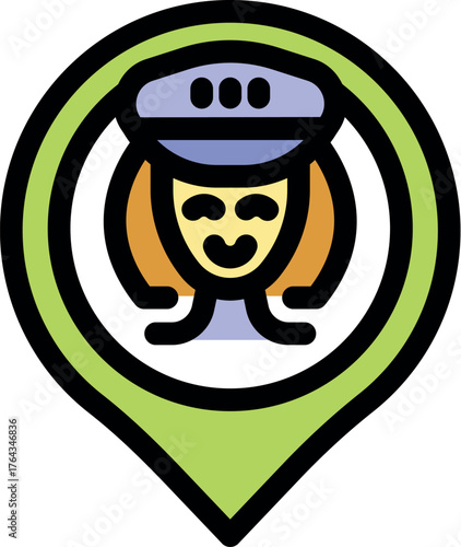 Location pin icon indicating position of female bus driver wearing uniform cap, symbolizing public transport and navigation