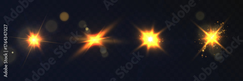 Set of glowing golden light flares and sparkles on dark transparent background.