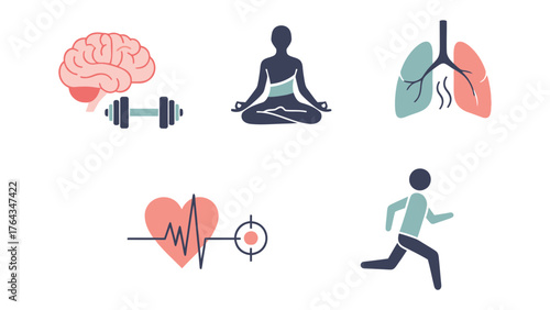 Mind and Body Wellness: An illustrative composition exploring the holistic harmony of wellness, with icons representing the brain, exercise, meditation, lungs, heart health, and running.