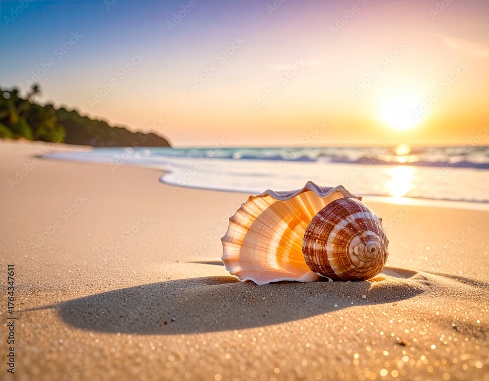 Obraz premium Seashell Serenity - A Tranquil Beach Scene at Sunset.