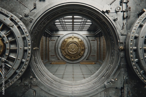 Open circular vault door, metallic gray, gold center plate visible