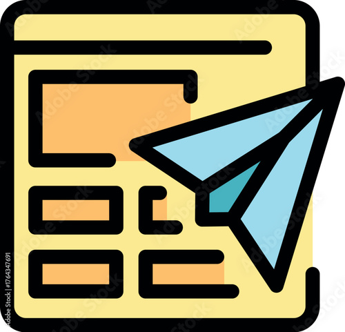 Light blue paper airplane flying over yellow digital document symbolizing online message sending, email marketing, and digital communication