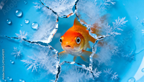 Goldfish in shock breaking through ice on a bright blue background
