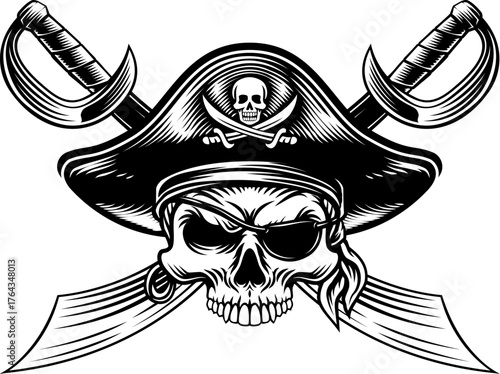 Pirate skull crossbones wearing a tricorn captain hat, eyepatch with crossing sabers or scimitar cutlass pirate swords. In a vintage retro woodcut style.
