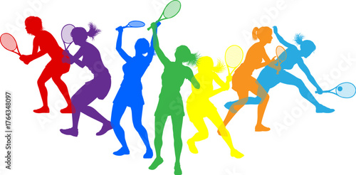 Silhouette tennis women female players set. Active sports people healthy players fitness silhouettes concept.